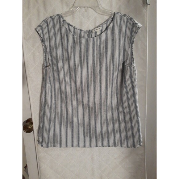 Max Studio Blue White Stripe Size L Large Linen Cotton Shirt Blouse SUMMER Top - Picture 1 of 5